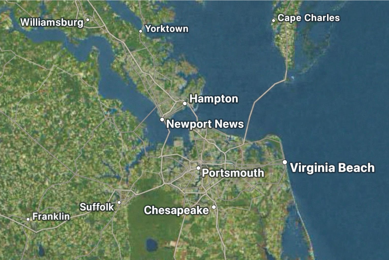 Map showing Recovering Healing LLC service areas including Hampton, Norfolk, Chesapeake, Virginia Beach, Newport News, Portsmouth, Suffolk, Franklin, Poquoson, and Williamsburg